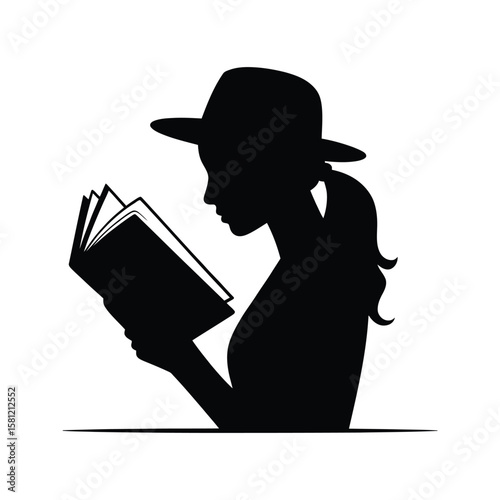 Silhouette of a woman wearing a hat reading a book vector