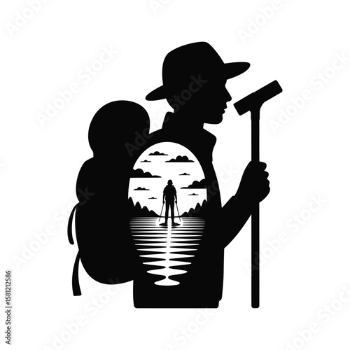 Silhouette of hiker with backpack and trekking poles looking at a landscape scene