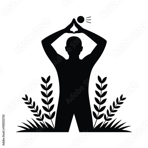 Silhouette person holding sphere above head with plants ball