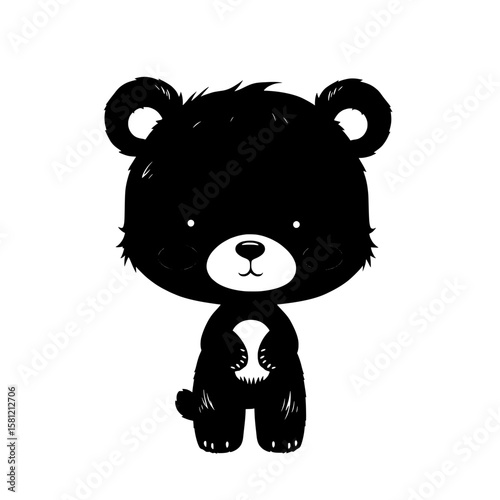 Adorable Cute Chibi Black Bear Cub Cartoon Illustration Standing, Sweet Baby Animal Character Design with White Belly Patch