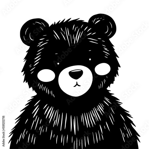 Adorable Cute Black Bear Face Cartoon Illustration Portrait, Sweet Fluffy Animal Head with Blush Cheeks and Expressive Eyes