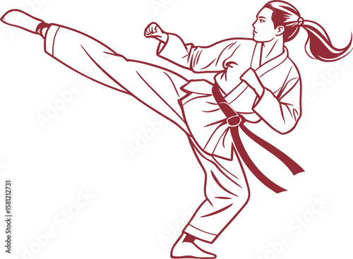 Female Karateka in Combat Stance on White Background