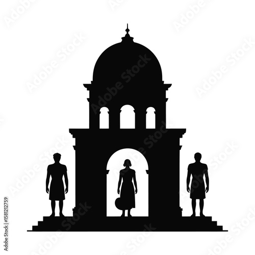 Silhouetted figures stand before a domed structure with arches people building