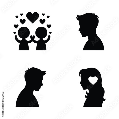 Silhouettes of people with hearts black white