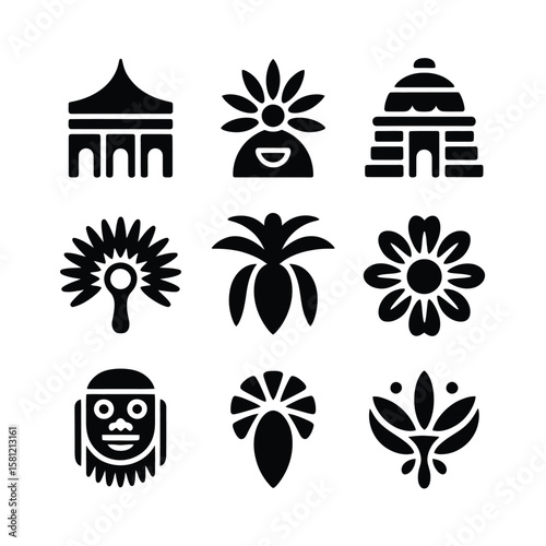 Tribal mask flower pavilion building and abstract shapes vector