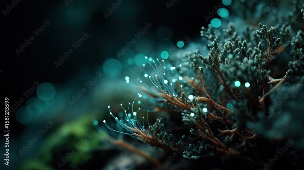 Obraz premium Intricate dance of bioluminescent single-celled organisms illuminating underwater landscapes in the gentle twilight glow