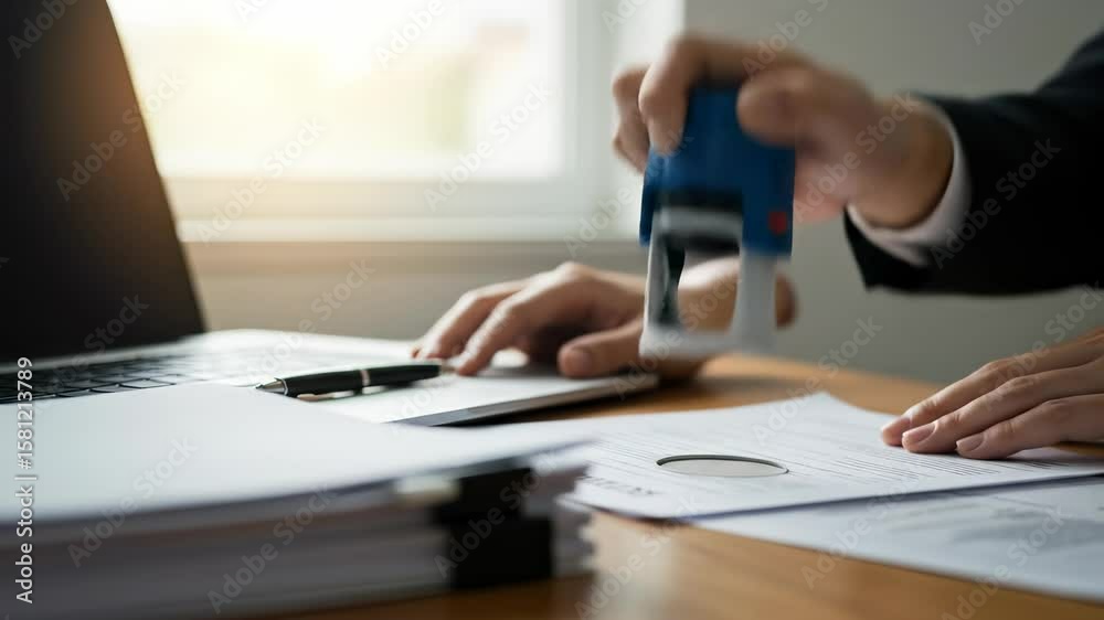A professional's hand is seen stamping an official document for business approval and legal authorization in a bright, modern office setting, representing crucial paperwork processing by one person.