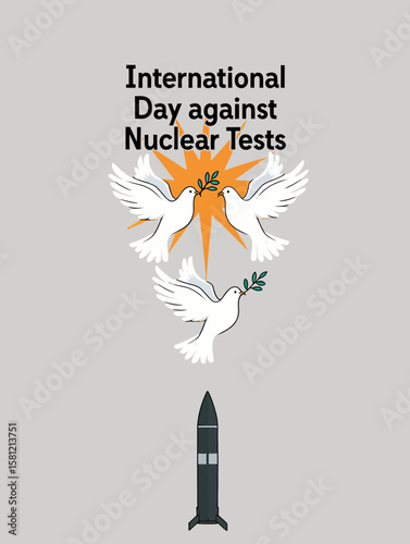 International Day Against Nuclear Tests Peace Doves & Missile Illustration