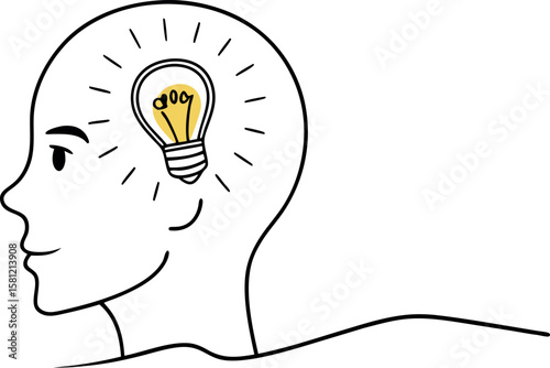 Head with Glowing Light Bulb Vector Art on White Background for Idea Design