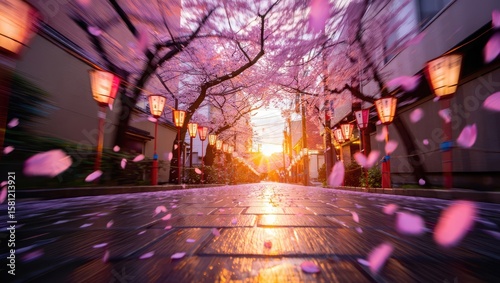 Street view in spring with cherry blossoms, colorful petals falling gently as people walk by, creating a dreamy romantic city atmosphere. Generative AI
