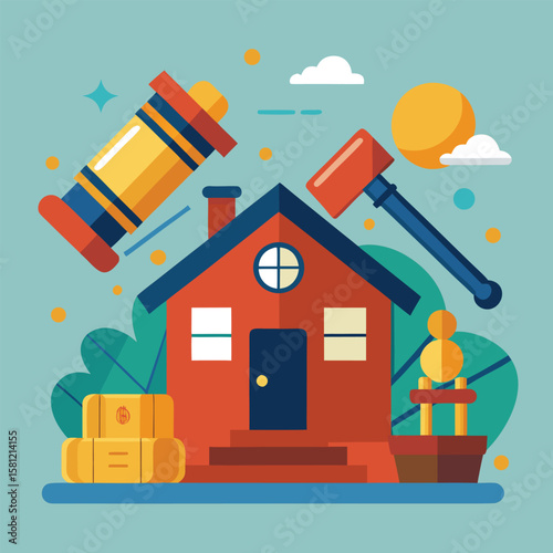 Colorful flat illustration of home auction property auction and real estate deal