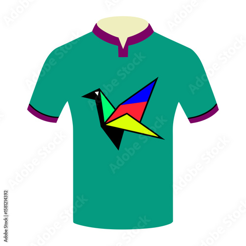Small minimalist origami crane modern stitched T shirt Line Art Vector illustration
