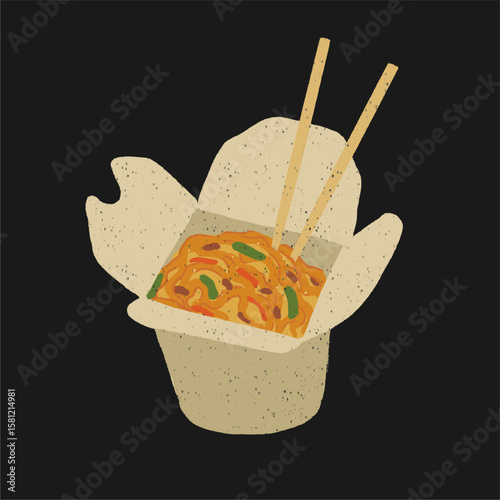 Wok noodles in a box, takeaway food, Asian cuisine.