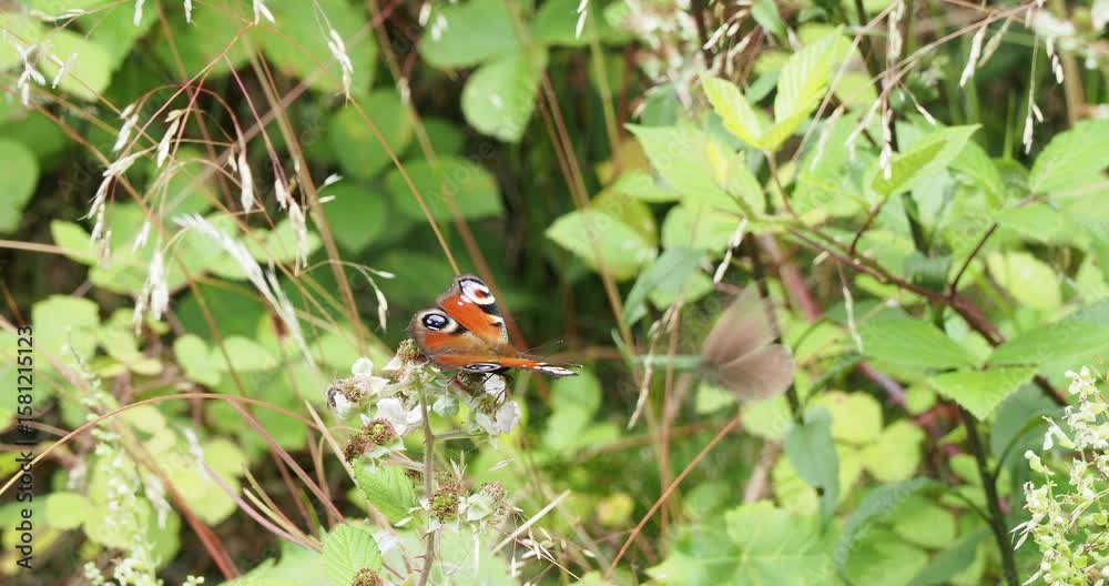 (Aglais io) EinTagpfauenaug Schmetterling sammelt eifrig Nektar von einer wilden Brombeerblüte

