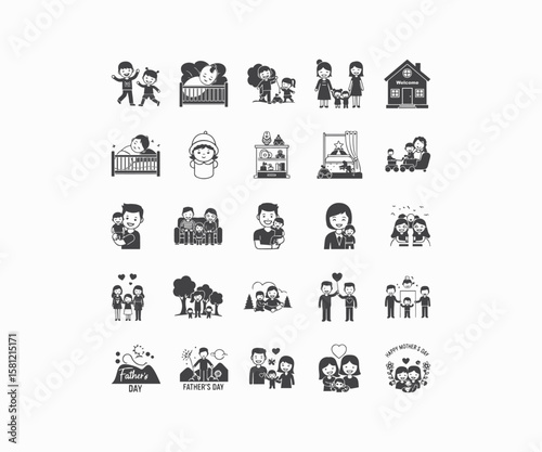 Family & Parenthood Black Icon Set: Baby, Kids & Holiday Celebrations