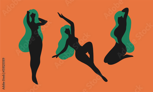 Vector illustration, boho sacred magical woman. Flat holistic healing meditation. Modern abstract black silhouette of girl.	