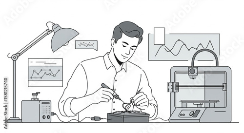 Male engineer developing a prototype, soldering an electronic circuit board with a 3D printer and data charts in the background.