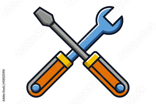 A metal wrench and screwdriver, essential construction and repair tools, are isolated objects alongside a hammer, symbolizing industry and service