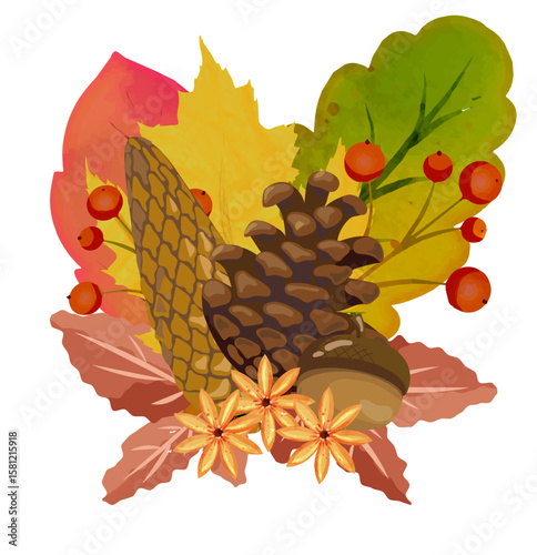 Rich autumn composition featuring a large pine cone, acorns, orange berries, greenveined leaves, and yellow flowers—ideal for seasonal products, nature prints, and bestselling sublimation assets.