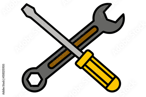 Isolated metal repair tools featuring a wrench, hammer, and screwdriver set on a white background, ready for construction and service work