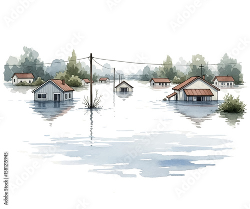 Flooded residential area, with houses partially submerged in rising waters vector illustration in watercolor style. Natural disaster and environmental impact of flood. Suitable for climate change conc