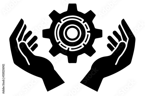 Two human hands interlocked with gears symbolizing a powerful concept of teamwork and mechanical engineering