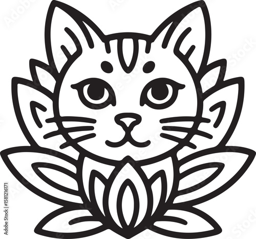 Serene Cat in Lotus Flower A Peaceful Line Art Illustration