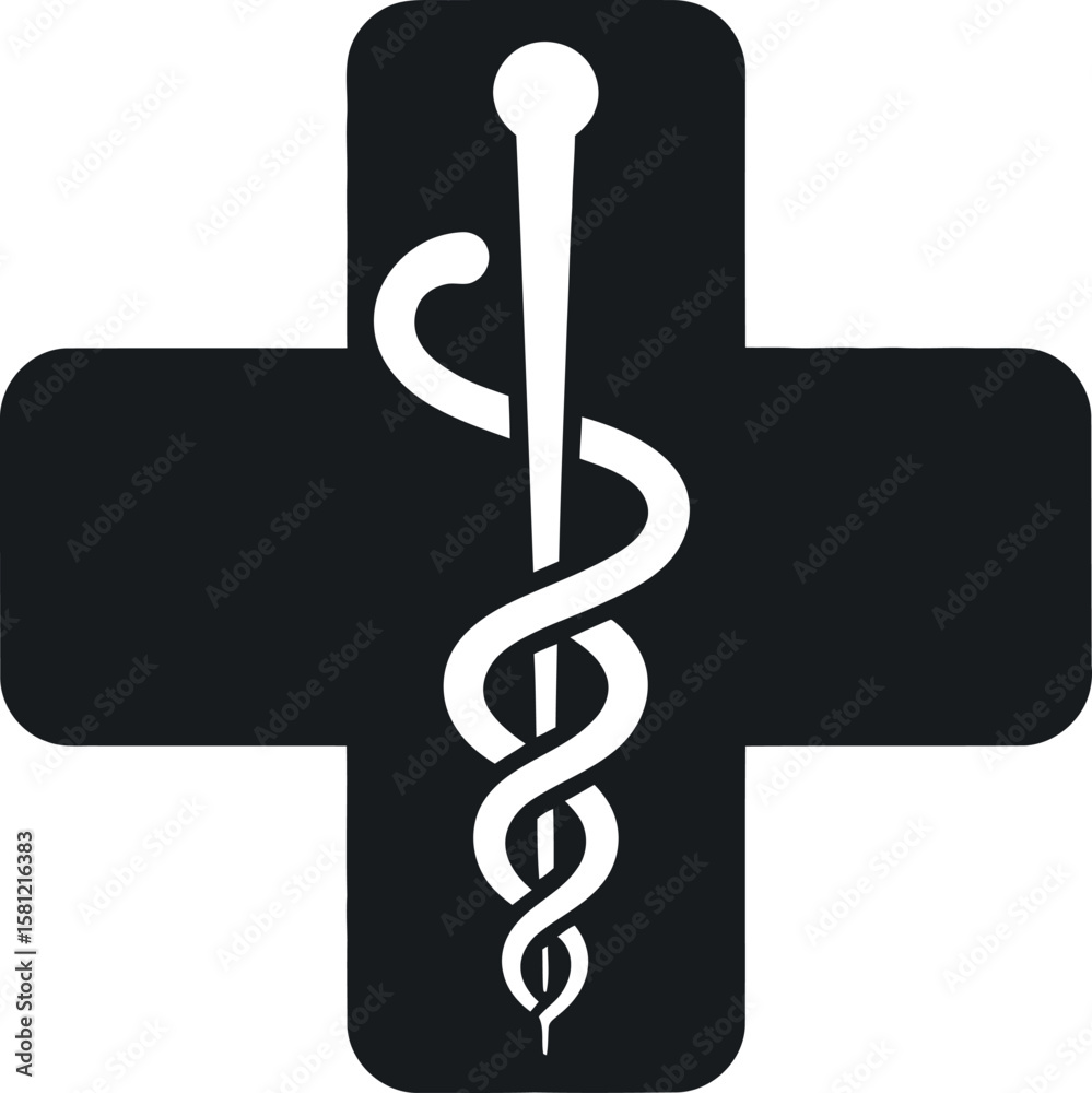 Fototapeta premium Medical Cross Symbol with Caduceus Staff in White on Black Background Healthcare and Medicine Concept Isolated Vector Illustration Logo Design