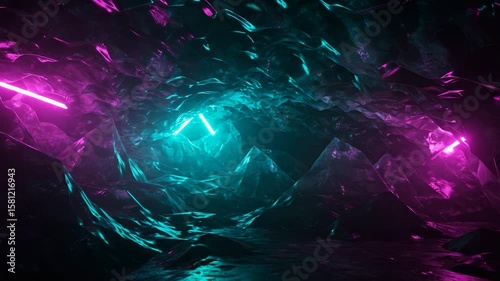 Abstract Crystalline Ice Cave with Neon Cyan and Violet Glow in Stylized Digital Environment