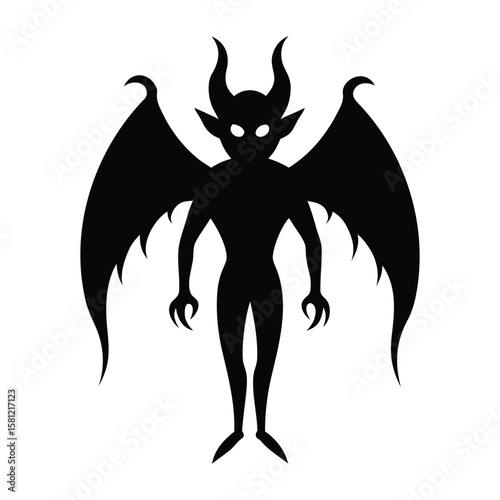 Demon with wings spread and curled horns Halloween silhouette Vector illustration