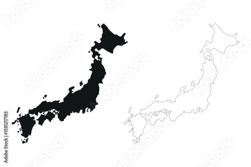 Black and white maps of japan showing country outline and silhouette