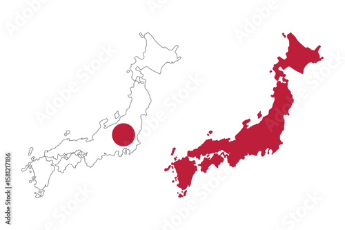 Outline and solid map of japan with the japanese flag symbol