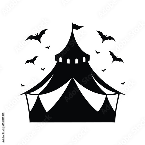 Haunted carnival tent with bats flying above Halloween silhouette Vector illustration