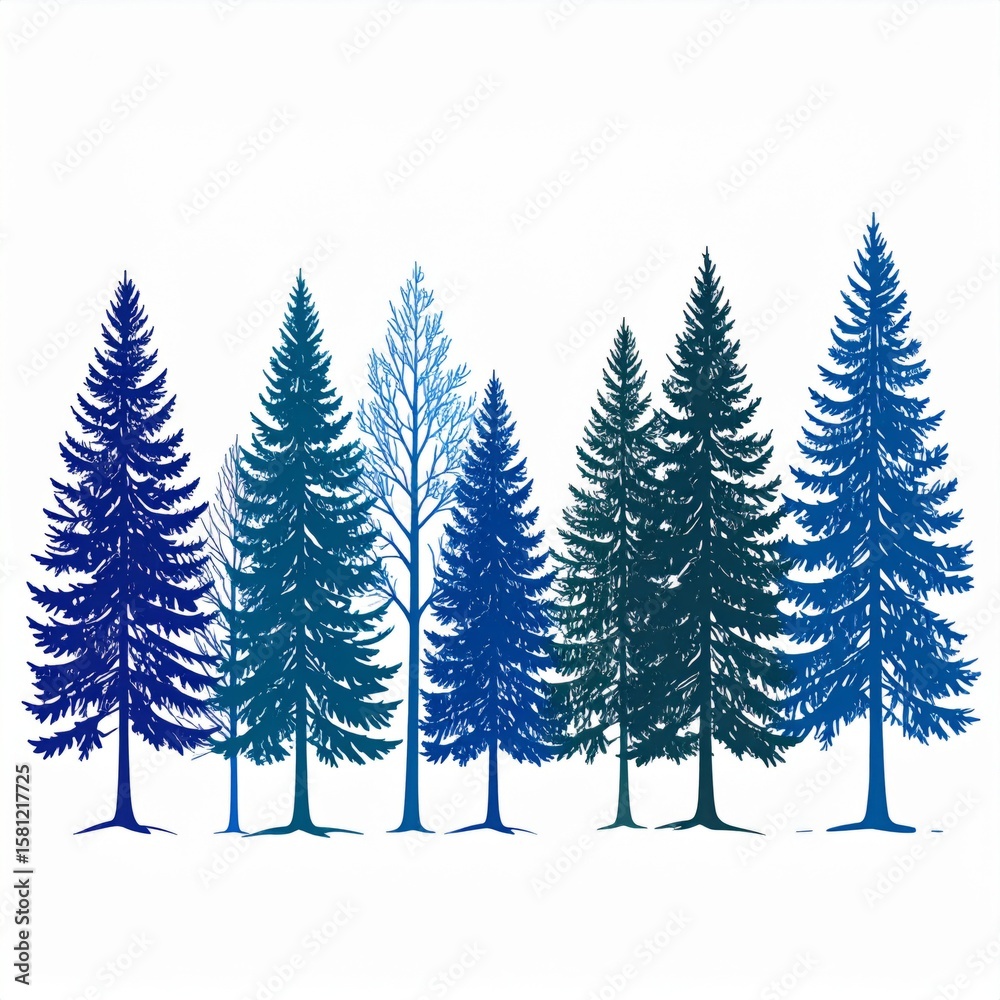 Obraz premium Row of Evergreen Trees in Blue Shades Isolated on White Background Graphic Art
