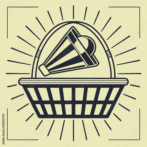 Black and white vector illustration of a badminton shuttlecock inside a basket with radiating lines on a yellow background