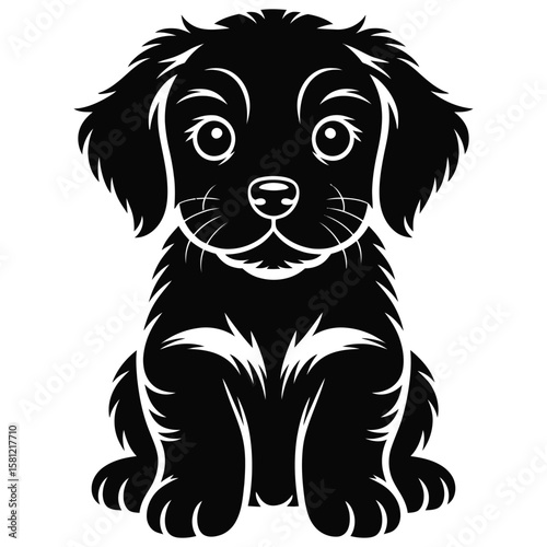 Golden Retriever puppy silhouette with small body, floppy ears, and cute pose, isolated black and white vector illustration