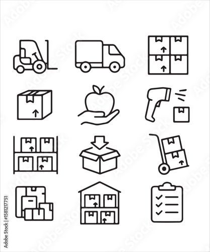 Minimalist Line Art Icons of Warehouse and Logistics Operations