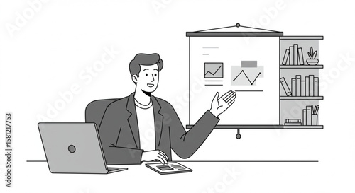 Businessman giving a presentation with data charts on a screen. Black and white line art illustration of a corporate meeting or seminar.