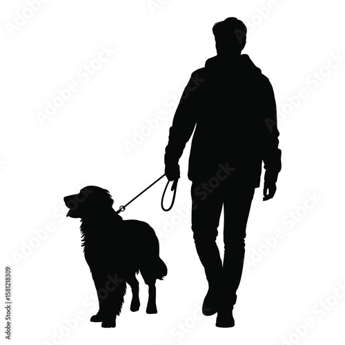 Golden Retriever walking with owner silhouette on leash, capturing a bonding moment in black and white vector style