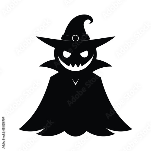 Jack o lantern wearing a wizard hat and cape Halloween silhouette Vector illustration
