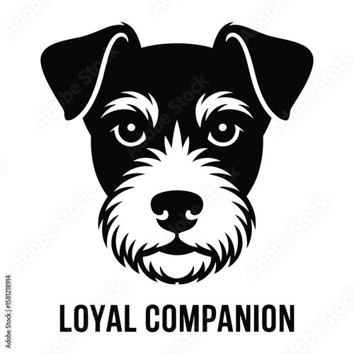 Minimalist Terrier face silhouette showing ears, snout, and eyes in black and white vector isolated design