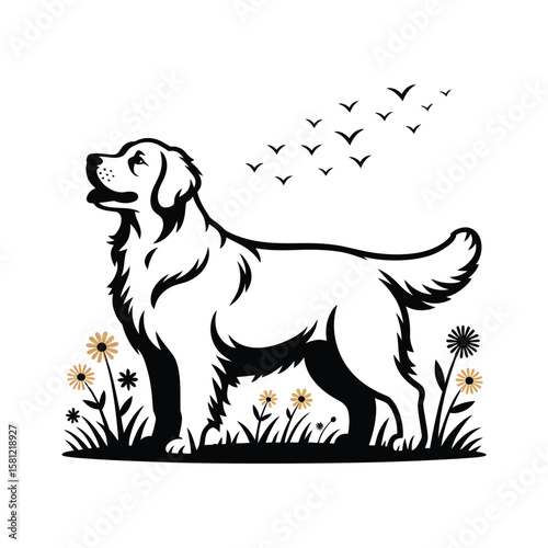 Minimalist silhouette of a proud Golden Retriever standing in a wildflower field with birds in flight, clean vector on white