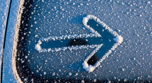 Directional Symbol In Winter Frost On Vehicle Indicating Movement And Cold Season