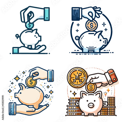 Set of hand putting coin into piggy bank. Money saving concept with piggy banks and hands depositing coins  
