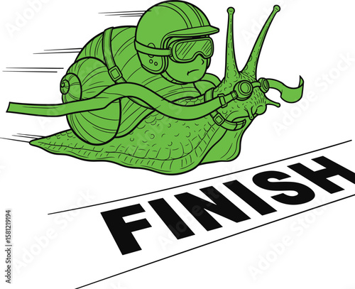 Green racing snail wearing helmet and goggles crosses finish line vector