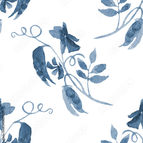 Blue watercolor seamless pattern flowers abstract.