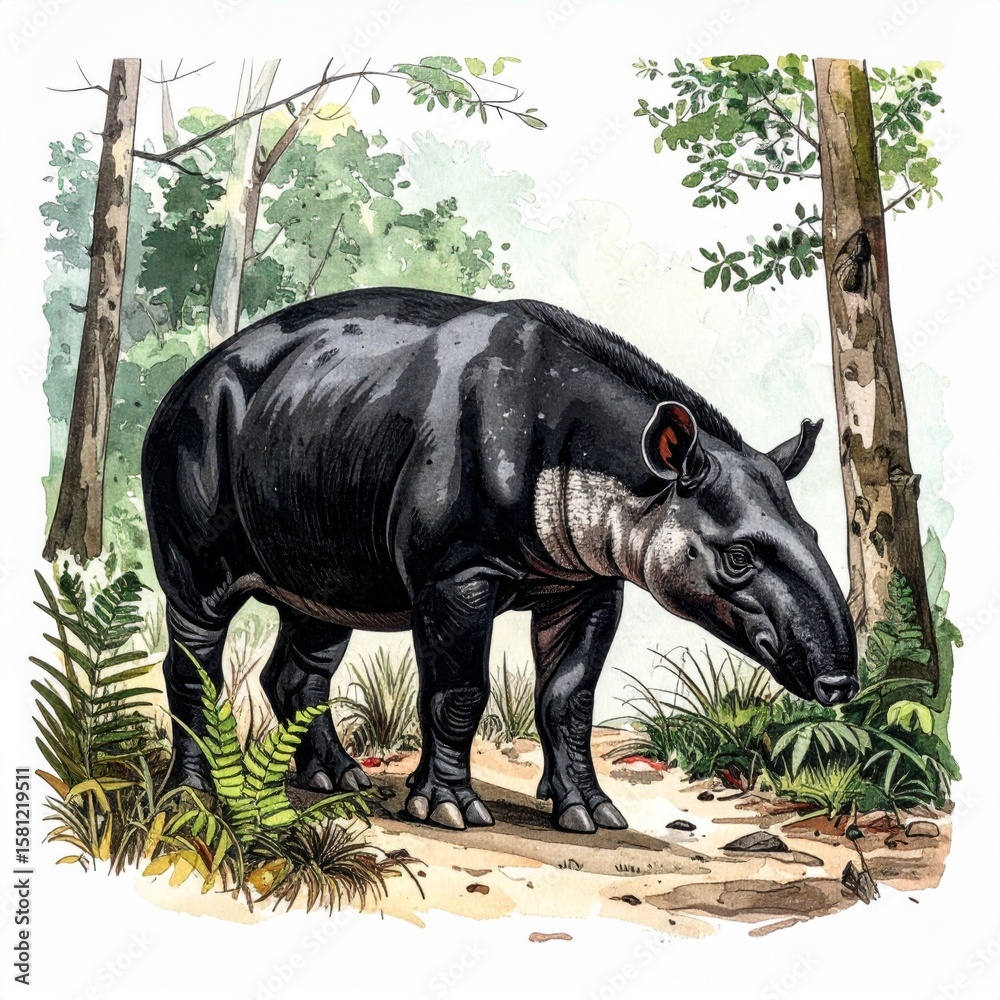 Fototapeta premium Detailed Tapir in a Tropical Forest Illustration with Watercolor Style
