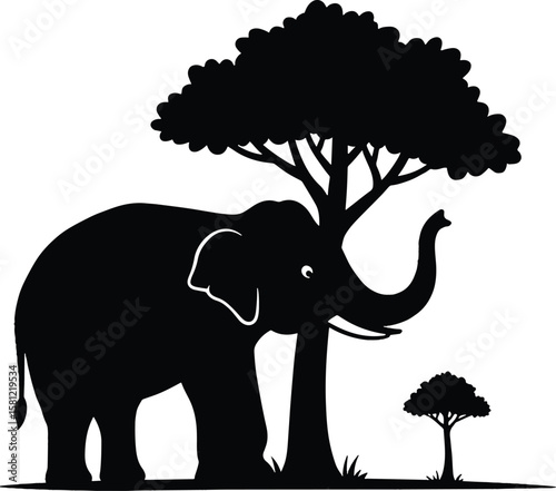 Black elephant standing under a large tree with a smaller tree nearby savanna nature