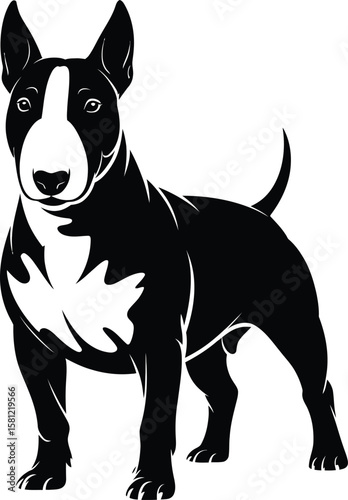 Powerful Bull Terrier silhouette mid-stride with muscular build and distinctive egg-shaped head, clean black and white vector for logo