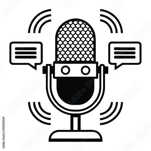 Black and white vector illustration of a vintage microphone with speech bubbles and sound wave symbols